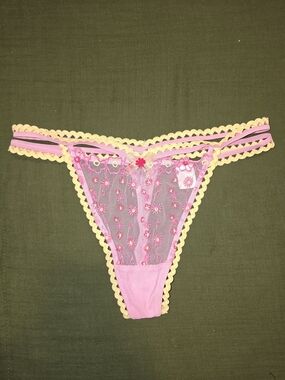 Lounge Underwear Daisy Balcony Embroidered Thong - Pink & Yellow - Size Medium